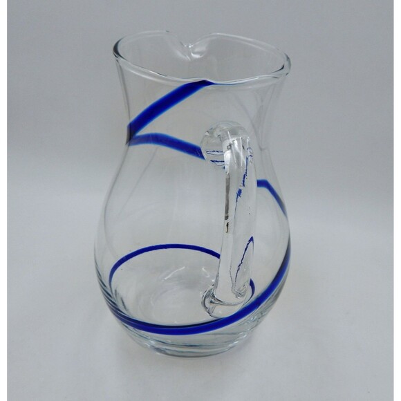 Pier 1 One Swirline Pitcher Clear Glass With Cobalt Blue Swirl 10 Inch Tall - Picture 8 of 9